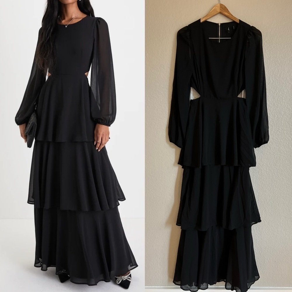 NWOT Garden Bliss Black Cutout Long Sleeve Tiered Maxi Dress